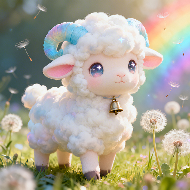 童话风格卡通小羊，拥有蓬松云朵般的白色绒毛，淡蓝色渐变羊角，耳朵内侧为浅粉色，圆溜溜的大眼睛带着星光，脖颈处挂着一个小铃铛，小羊身处梦幻草地的蒲公英丛中，整体暖色调柔光，氛围感拉满，独特灵动造型，卡通渲染风格，精致毛发质感，整体可爱又梦幻
