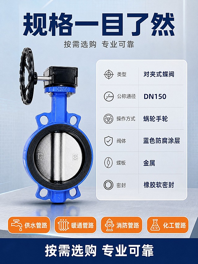 [主图5] 规格参数页，左右分栏参数表加底部应用标签，完成下单前最后确认；本张用参数表排版，不用引线标注，避免与第2张技术页重复骨架。
[统一基调] 专业工业电商海报风格；浅灰蓝渐变背景搭配浅灰金属工作台与细网格纹理，画面明快不压暗；主标题使用加粗黑体无衬线中文字体、深海军蓝色，辅助文字使用深灰色细黑体，强调色为橙色，用于数字、图标和重点标签；信息组件统一为白色半透明圆角卡片、细线图标和深蓝底白字底部卖点条；满版高信息密度构图，主体占比约55%-65%，金属边缘保留清晰高光，无大面积留白极简风。
[画面] 左侧对夹式蝶阀完整主体竖直展示约55%占比，底部有真实接触阴影；严格保持输入图产品外观：亮蓝色防腐涂层阀体、银灰色金属蝶板（半开状态可见 DF 与 90 标记）、黑色橡胶密封圈、黑色蜗轮执行器与带防滑齿纹手轮、阀体颈部 DN150 铸造字样；右侧为参数表卡片，底部横排常见应用小胶囊，画面无原图白底残留。
[光影质感] 商业产品摄影，顶部柔光主光加侧逆光勾勒金属轮廓，阀体涂层细腻哑光，金属蝶板有拉丝反光，接触阴影自然扎实。
[配色] 浅灰蓝渐变背景，深海军蓝主标题，橙色应用标签胶囊，白色半透明参数卡片。
[文字版式] 顶部深海军蓝大标题“规格一目了然”，副标题灰色小字“按需选购 专业可靠”；右侧参数表竖排：类型 对夹式蝶阀、公称通径 DN150、操作方式 蜗轮手轮、阀体 蓝色防腐涂层、蝶板 金属、密封 橡胶软密封，参数名灰色、数值深蓝加粗；底部橙色圆角胶囊标签：供水管路、暖通管路、消防管路、化工管路；最底部深蓝白字卖点条“按需选购 专业可靠”；文字不遮挡产品主体。
[输出要求] 3:4竖版，中文文案清晰无错字，产品清晰不变形、无多余手指、无水印、无平台Logo、无杂乱元素。