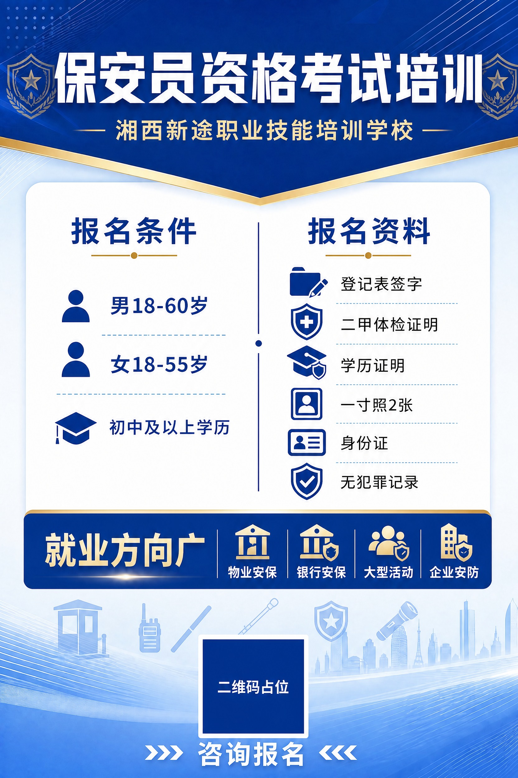 在这张保安员培训招生展板的基础上，添加保安相关的职业元素，保持… - 图片创意预览