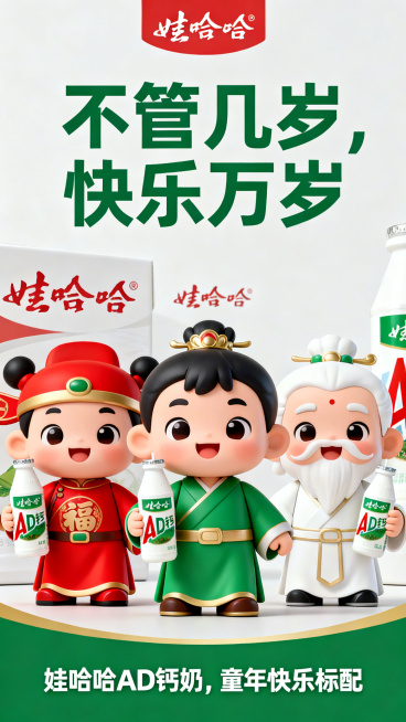 娃哈哈AD钙奶海报，主题“不管几岁，快乐万岁”，卡通风格，画面上同时有三个幼年形态的福禄寿卡通人物福福、禄禄、寿寿，福福红、禄禄绿、寿寿白，每人手持对应AD钙奶制品，整体活泼喜庆，背景简洁带品牌元素，预览效果