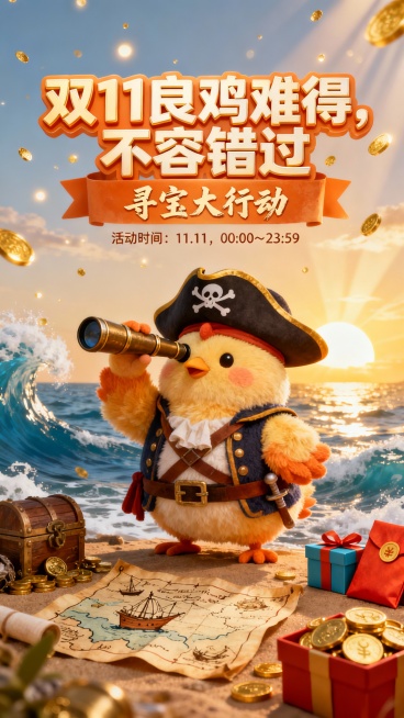 双11促销海报，主角是一只毛绒绒、胖乎乎的小鸡，装扮成可爱的海盗船长，戴着海盗帽，手持长长的望远镜，在海面上远望寻宝。整体画风融合可爱与冒险感，背景为海浪、金色阳光、藏宝图、金币、礼盒和红包，带有双1预览效果