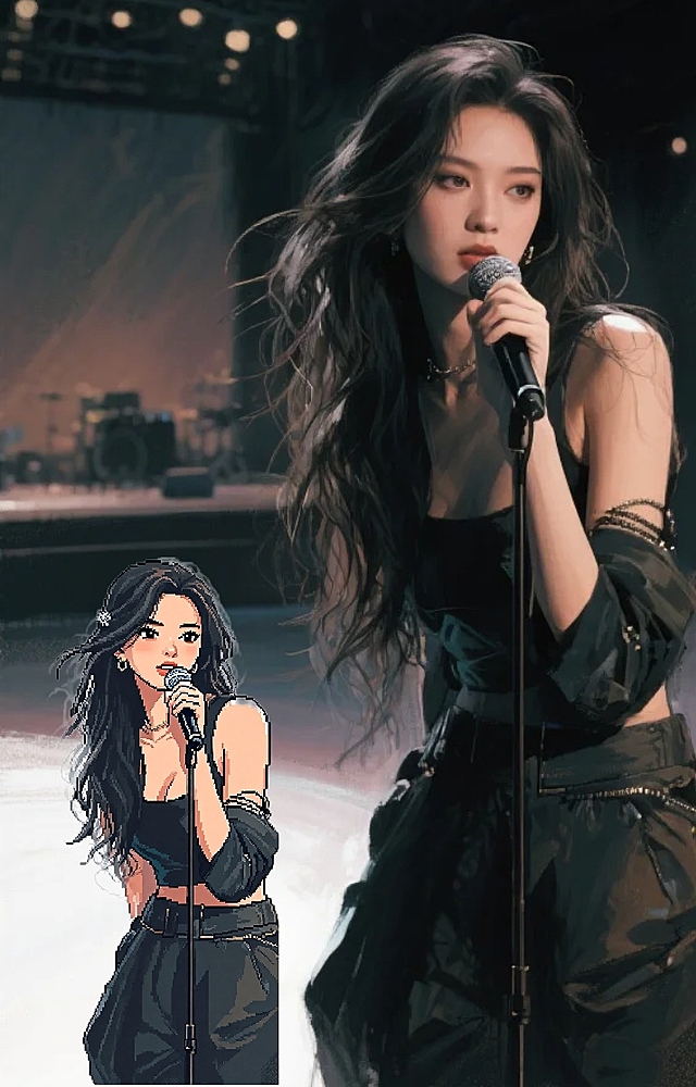 时尚潮流插画风，歌手舞台魅力尽显，漫画手法演绎现代感。