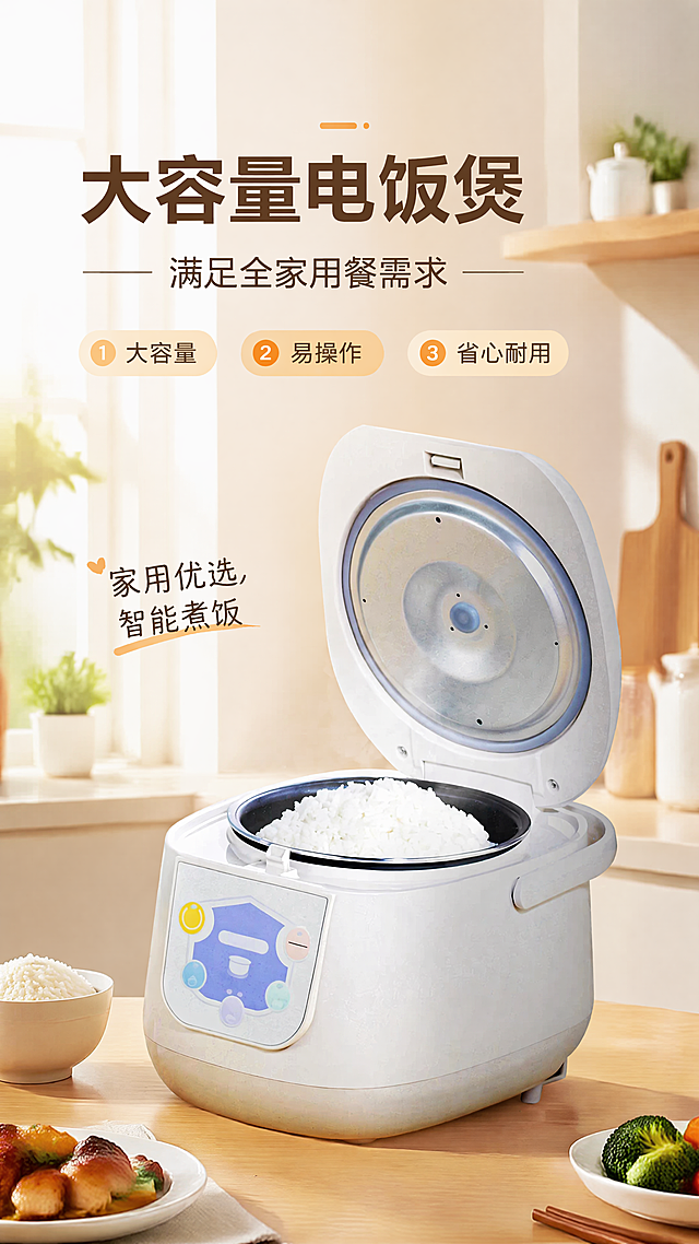 现代简约家电风电商海报，主标题"大容量电饭煲"，副标题"满足全家用餐需求"，卖点标签①大容量②易操作③省心耐用，装饰文案家用优选智能煮饭。100%还原上传商品图的产品外形、包装、按键颜色、净含量，完整保留原图中的电饭煲轮廓、结构、比例、控制面板布局，材质质感、颜色与正面朝向均与上传图保持一致，商品本体放在画面中下部，占据55%-75%画面占比，背景为干净清新的浅暖调厨房场景，顶部自然光+侧前方柔光，整体氛围简洁温馨，文字放在主体周围负空间，保持清晰可读，画面比例9:16，版式精美，画质超高清4K