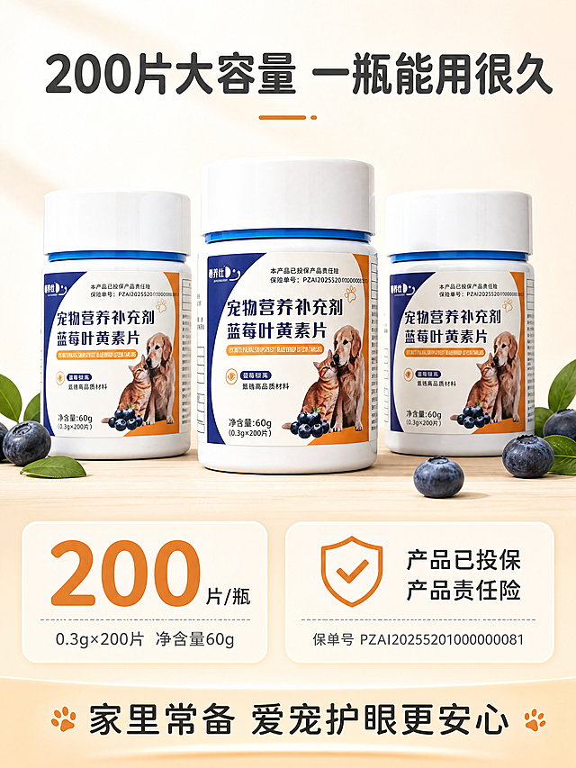 [商品] 使用【图1】宠物营养补充剂蓝莓叶黄素片；保留白色瓶身、瓶盖、蓝色密封圈、所有标签图案与文字；不使用尊养仕字体风格，品牌文字保持原样；本页展示3瓶产品囤货陈列，体现大容量与性价比。
[画面] 页面目标：规格信任收口页，突出200片大容量与产品责任险背书，促进转化。构图：上下结构，上方三瓶产品呈阶梯式陈列在浅木色台面上，中间一瓶正面朝前，左右两瓶略微侧转，三瓶合计占画面约50%；产品周围散落蓝莓和绿叶点缀；下方是信息区，左侧放容量规格信息，右侧放保险背书盾牌图标；背景为浅米白渐变，底部有柔和暖光带收口。
[视觉] 套系策略：风格=高清实拍自然光柔光商业摄影；标题字=圆润无衬线粗体（非尊养仕字体）；正文字=简洁无衬线细体；主色=浅米白；背景延展=基于浅米白做渐变层次和底部暖光带；强调色=暖橙色，仅用于小面积图标和标签；标题色=深炭灰；正文色=中暖灰；组件=圆角浅底信息卡、盾牌图标、细线引线；光影=顶部自然光柔光，瓶身质感真实，阴影柔和。
[文字] 产品上方主标题「200片大容量 一瓶能用很久」；下方左侧信息卡：大数字「200」+「片/瓶」+「0.3g×200片 净含量60g」；下方右侧信息卡：盾牌图标+「产品已投保产品责任险」+小字「保单号 PZAI20255201000000081」；底部收口语「家里常备 爱宠护眼更安心」；所有文字横排，字号层级分明，移动端可读。
[规格] 比例3:4竖版，4K，避免变形、错字、文字过小、医疗功效宣称、绝对化用语、虚假承诺、尊养仕字体风格。