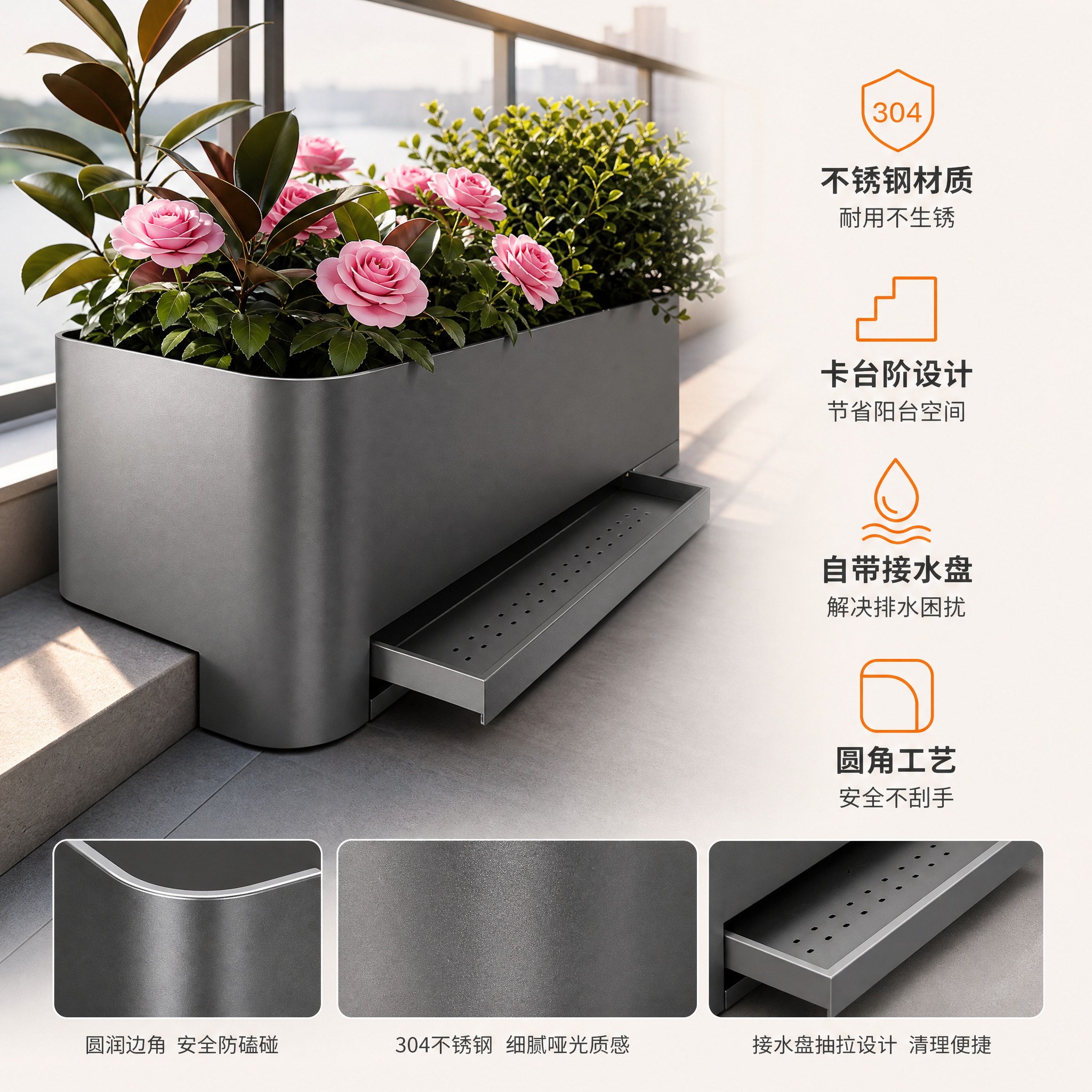 [主图-2] 不锈钢阳台花箱组合 材质结构卖点图 [统一基调]… - 图片创意预览