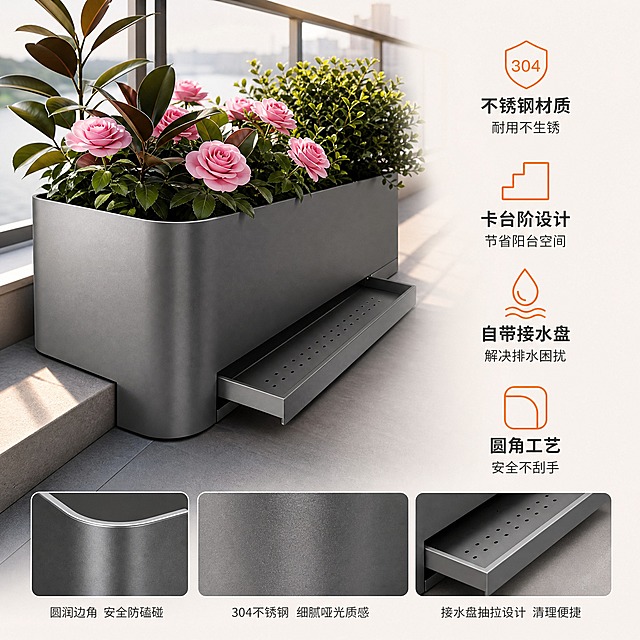 [主图-2] 不锈钢阳台花箱组合 材质结构卖点图
[统一基调] 现代简约高级质感 深灰主色调 暖白辅助色 橙色强调色 无衬线粗体标题字 简洁轻量标签组件 午后自然柔光
[画面] 阳台场景局部特写 深灰色不锈钢花箱近景展示 45°视角 重点展示花箱材质与结构细节 花箱为哑光304不锈钢材质 表面细腻金属质感 圆角工艺精致 底部接水盘抽出状态展示排水结构 左侧花箱卡放在阳台台阶上 展示卡台阶省空间设计 花箱内种有绿色植物与粉色花朵 主体占画面70% 右侧和下方预留信息区
[光影质感] 商业产品摄影质感 柔和侧光突出金属材质肌理 圆角处有高光过渡 接水盘抽出部分有清晰结构阴影 植物叶片自然光影
[配色] 深灰金属色 绿色植物 暖白背景 橙色卖点图标 整体干净专业
[文字版式] 画面右侧竖排四个卖点模块 每个卖点配简约线性图标：1.不锈钢材质 耐用不生锈 2.卡台阶设计 节省阳台空间 3.自带接水盘 解决排水困扰 4.圆角工艺 安全不刮手 图标用橙色线条 文字深灰色 标题加粗 说明文字缩小 排版整齐不拥挤
[输出要求] 1:1比例 2048x2048 文字清晰 材质细节真实 结构展示清楚 无变形错字 无水印无平台Logo