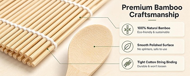 [商品] 使用【图1】竹制寿司卷帘和饭勺；保留竹帘的竹条编织结构、白色棉线绑带、原木色饭勺形状；商品处理：保持竹材天然纹理，增强竹纹细节质感，突出光滑表面，不改变产品结构。
[画面] 目标：材质细节页，展示天然竹材的品质与工艺细节。构图：左侧大特写占55%，右侧信息区占45%。左侧：竹帘竹条编织处的微距特写，清晰展示竹纹肌理、棉线绑结工艺、竹条边缘光滑无毛刺；旁边放饭勺勺头的局部特写，展示打磨光滑的表面。右侧：分3个细节模块，每个模块配小图标和说明。主体占比：细节特写共占画面55%。景别：微距特写。阅读动线：从左特写向右信息区移动。前中后景：浅暖米色背景，产品悬浮或轻放，底部柔和阴影。
[视觉] 套系策略：风格=跨境极简日式商业摄影；标题字=现代无衬线粗体；正文字=简洁无衬线体；主色=暖竹米色；背景延展=基于暖竹米色做深浅层级、同色渐变和细腻木纹/和纸质感；强调色=深苔绿，仅用于小面积图标、引线和标签；标题色=深炭灰；正文色=中暖灰；组件=圆角信息卡、细线引线、材质图标；光影=侧光突出竹纹立体感，柔和均匀。
[文字] 右侧顶部标题"Premium Bamboo Craftsmanship"；下方3个卖点："100% Natural Bamboo - Eco-friendly & sustainable"、"Smooth Polished Surface - No splinters, safe to use"、"Tight Cotton String Binding - Durable & won\'t loosen"；每个卖点前配小图标；文字全部横排。
[规格] 图片比例61:25横版，4K分辨率，避免变形、错字、文字过小、冷蓝/蓝灰背景、产品颜色改变、虚假认证标识、中文文字。
