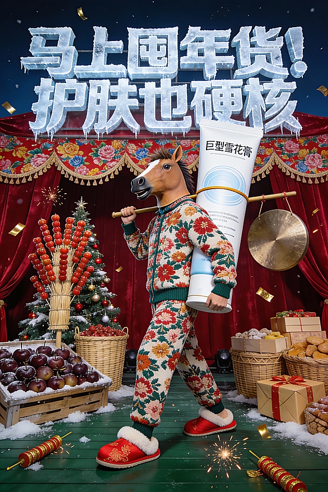 国潮风与拟人风融合，马头人身形象扛起巨型雪花膏，穿民族风花衣红鞋，置身喜庆年货场景，拼贴复古布景与重拟物元素，营造浓厚中式节日氛围。