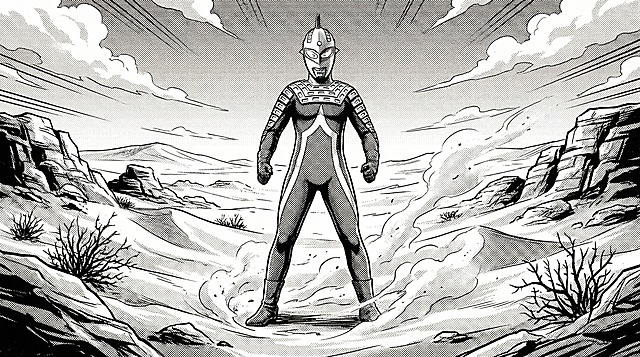 将这张奥特曼图片转换为16:9黑白漫画风格，背景改为沙漠戈壁场景，保持人物主体造型不变，转换出漫画线条和黑白网点质感