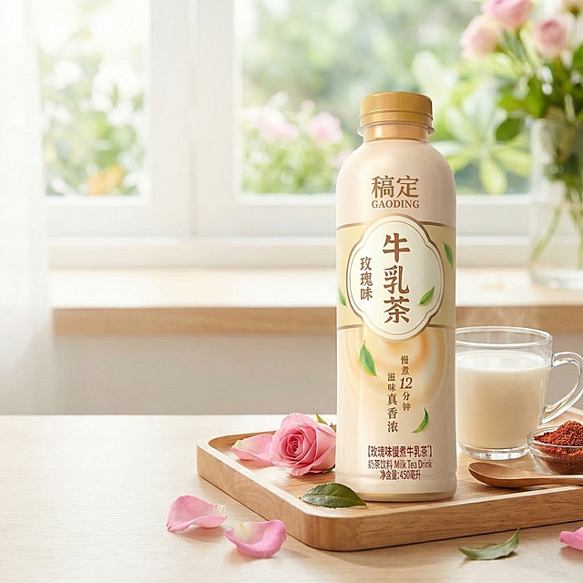 为稿定玫瑰味牛乳茶生成电商主图场景，画面左侧留出空白区域用于放置文案，右侧摆放该牛乳茶产品，风格清新治愈，符合茶饮产品调性