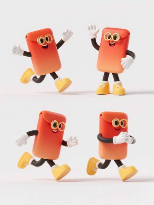 一组4个不同动作的3D卡通红包角色，干净简洁风格，符合现实物理逻辑，适用于素材使用。每个红包角色均为长方形橙红色渐变红包，带有黄色鞋底的卡通鞋子和白色手套，头部佩戴金色圆形眼镜。第一个红包角色呈欢快跳跃姿态，双臂张开，双腿向后蹬；第二个红包角色站立挥手，一只手臂高高举起；第三个红包角色做出奔跑动作，身体前倾，双臂前后摆动；第四个红包角色双手抱拳作揖，呈现祝福姿态。所有角色均采用光滑的塑料质感，……预览效果