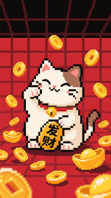 像素艺术，8位风格，“发财”主题。一只可爱的像素化招财猫在点头，金币和元宝弹出。背景是复古的红黑网格。简单、怀旧且有趣。非常适合游戏玩家和科技爱好者。预览效果