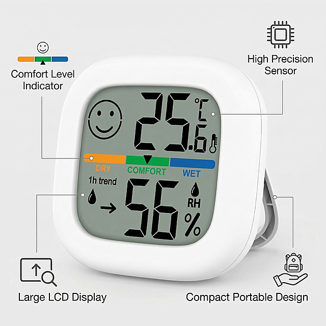[垫图] https://gdesign-dam-hz.dancf.com/35894781757868125/fa50e10e9bd74a0ba7cc45ccf31db9c8.png
Features display of mini thermohygrometer. Product centered. Four core selling points surrounded by small icons, connected by thin lines to corresponding product locations. Selling point texts: "High Precision Sensor" "Comfort Level Indicator" "Large LCD Display" "Compact Portable Design" Clean light solid background, simple and clear layout. All text is English, no Chinese. Product appearance must remain consistent with the original image