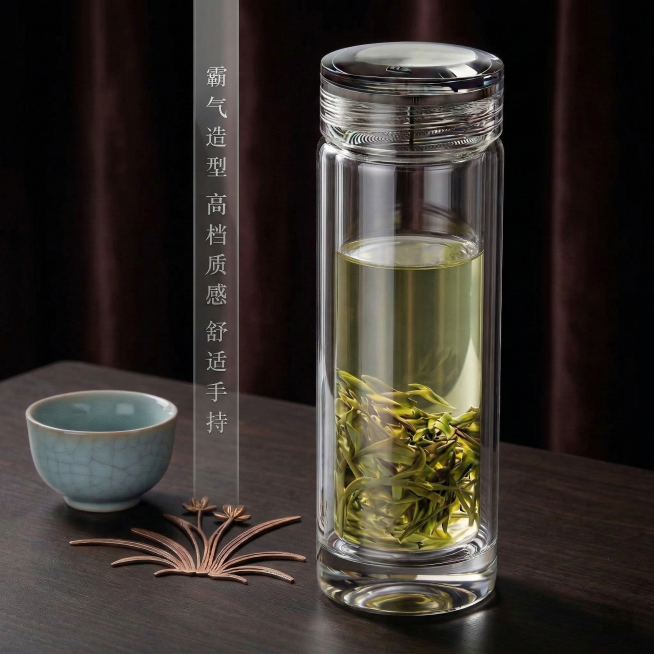 背景为丝绒暗调质感暗光茶室，无多余杂物；玻璃杯高透明无杂质、通透干净，质感细腻光影柔和；保留原盖子、青瓷杯、铜饰及竖排文字；整体简约高级，商业摄影级高档质感，清晰干净。预览效果