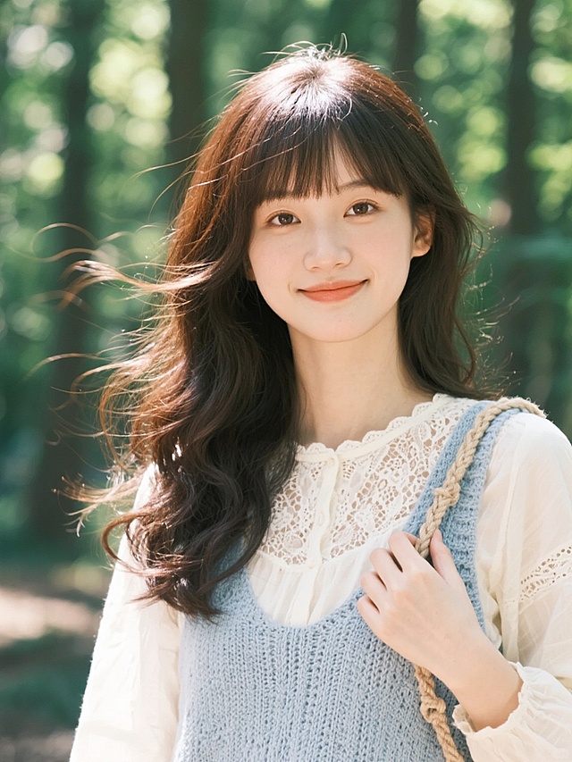一位年轻女性，她有着一头深棕色的长发，刘海整齐地垂在额前，发尾微微卷曲，几缕发丝被风吹起，显得灵动飘逸。她穿着一件米白色的长袖上衣，衣服上有精致的蕾丝花纹，外面套着一件浅蓝色的针织背心，背心的肩带处有麻绳编织的装饰。她的嘴角微微上扬，眼神温柔而清澈，正侧着头看向镜头，左手轻轻搭在胸前的背带上。背景是一片郁郁葱葱的森林，阳光透过树叶的缝隙洒下斑驳的光影，营造出一种清新自然、宁静惬意的氛围。