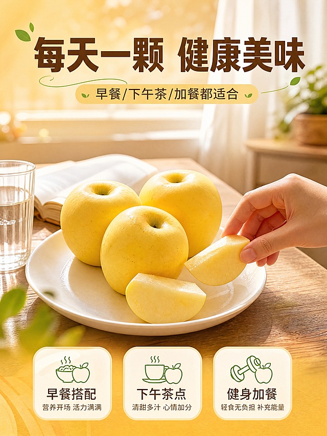 [商品] 维纳斯黄金苹果，金黄色果皮，果形饱满；本页展示完整苹果和切块装盘的食用状态。
[画面] 食用场景种草页，单场景沉浸型。温馨的居家餐桌场景，木质餐桌上放着一个白色陶瓷果盘，盘中摆着3颗完整的维纳斯黄金苹果和2块切好的苹果块，旁边有一杯温水和一本打开的书。一只手正从果盘中拿起一块苹果。阳光从窗边洒入，营造温暖的日常氛围。≥3层环境元素：前景餐桌纹理、中景果盘与手部动作、后景虚化窗帘与室内环境。
[视觉] 套系策略：风格=生鲜农特产地新鲜商业摄影；标题字=粗黑体厚重有力；正文字=简洁无衬线体；主色=暖金黄色；背景延展=基于暖金黄做深浅层级、同色渐变和木质/纸质自然质感；强调色=翠绿，仅用于小面积图标、引线和标签；标题色=深棕金；正文色=暖棕灰；组件=圆角浅底信息卡、细线引线、叶片装饰；光影=窗边自然暖光，柔和温馨。
[文字] 上方主标题「每天一颗 健康美味」，副标题「早餐/下午茶/加餐都适合」，底部3个场景标签：早餐搭配、下午茶点、健身加餐。文字区位于画面顶部和底部，不遮挡果盘和手部动作。所有文字横排。
[规格] 图片比例3:4竖版，4K分辨率，负向提示：避免变形、错字、文字过小、冷蓝/蓝灰背景、苹果颜色不对、手部动作不自然、虚假功效。