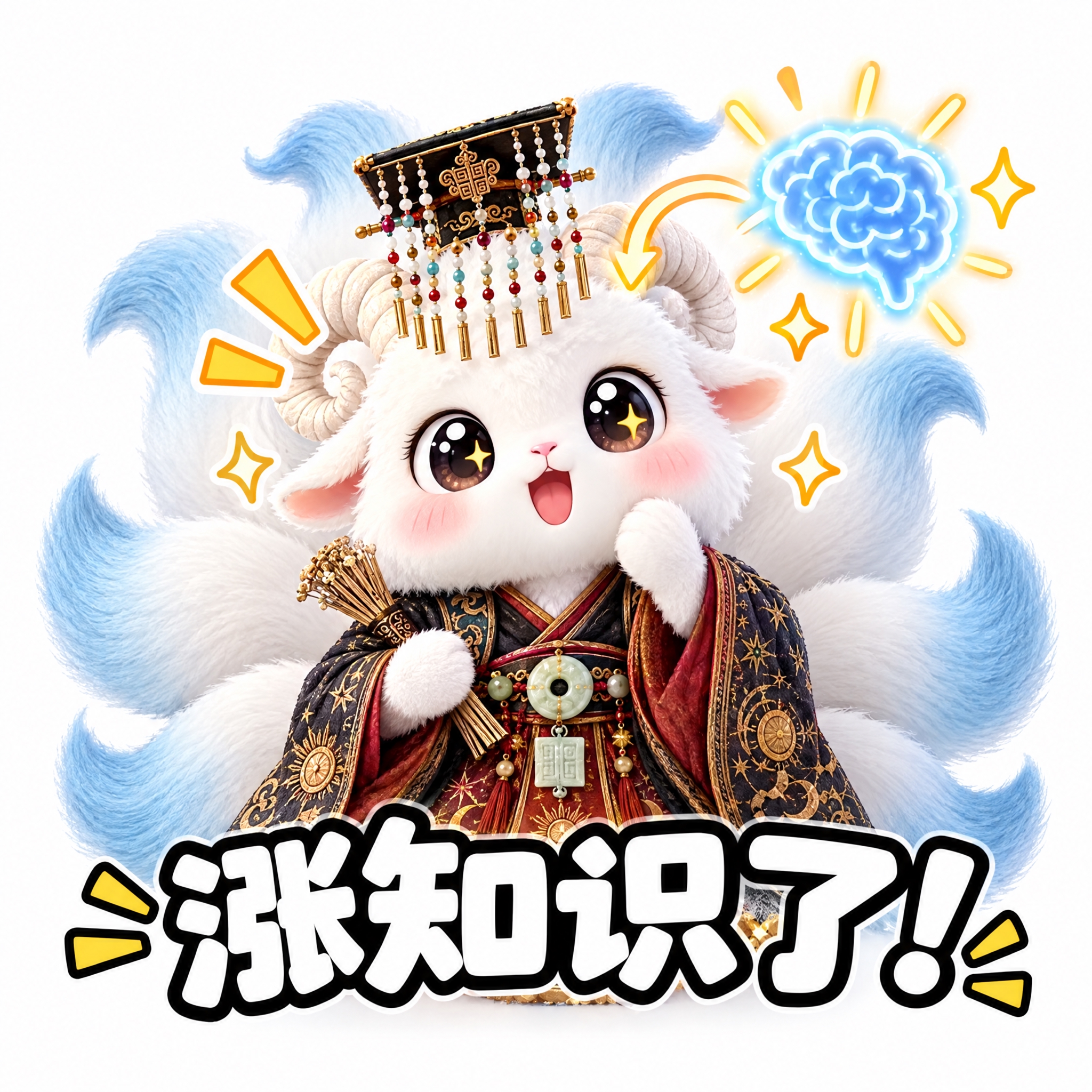 参考图中的白色九尾羊神兽（穿星象汉服、戴冕旒冠），做成可爱表情… - 图片创意预览