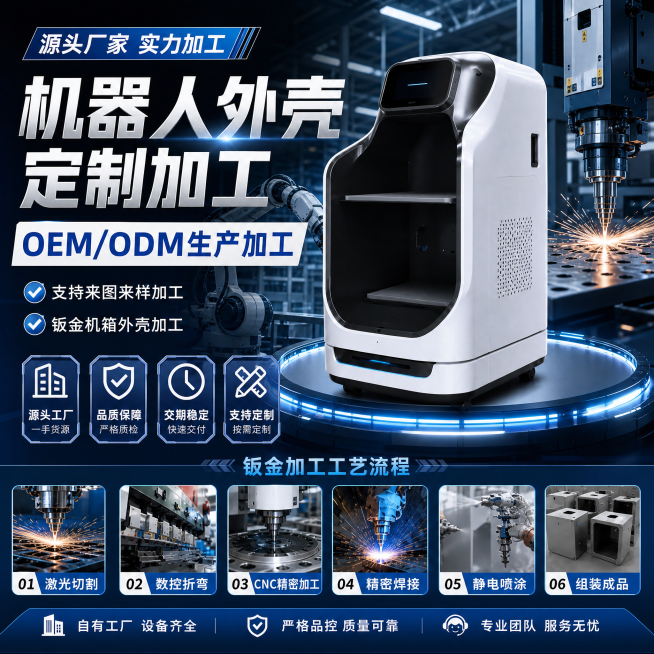 工厂实力风，厂家加工机器人外壳设备，支持OEM/ODM生产加工，展示工厂源头厂家实力，科技工业风背景，适配爱采购平台，文案包含"OEM/ODM生产加工"预览效果