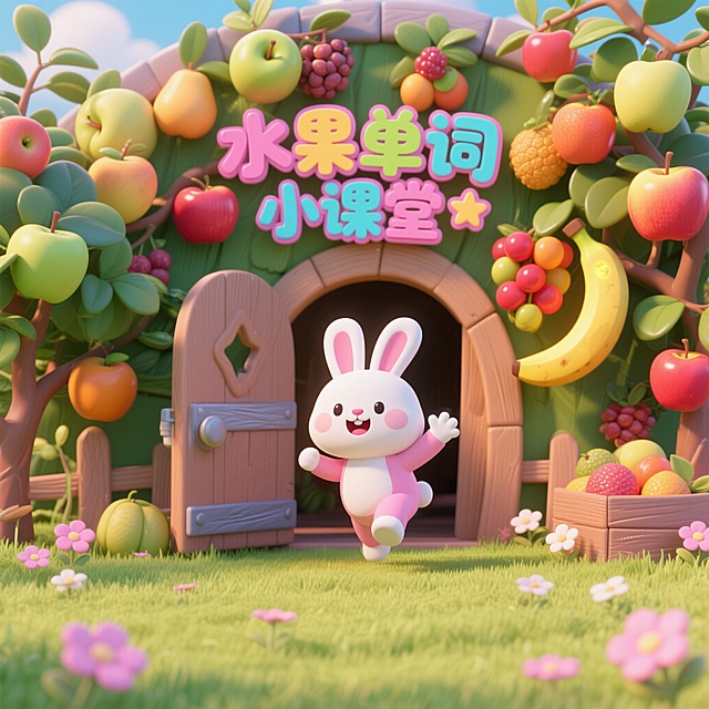 角色：3D卡通小兔（粉白配色，圆滚滚，表情可爱，全程出镜，动作贴合场景）背景：3D彩色果园背景（草地、果树、小花朵，色调明亮柔和，所有图片背景统一，不添加多余杂物）图片要求：高清、3D质感清晰，水果色彩鲜艳、细节到位（如苹果光泽、香蕉纹理），字体为彩色卡通字体，大小适中、清晰易读，整体风格统一可爱。3D卡通小兔从果园门口蹦跳出来，身体微微前倾、挥手微笑，耳朵耷拉可爱，身后是挂满各种水果的3D果树，草地平整，点缀小粉花，镜头正对小兔，画面饱满柔和居中。彩色艺术字：“水果单词小课堂✨”