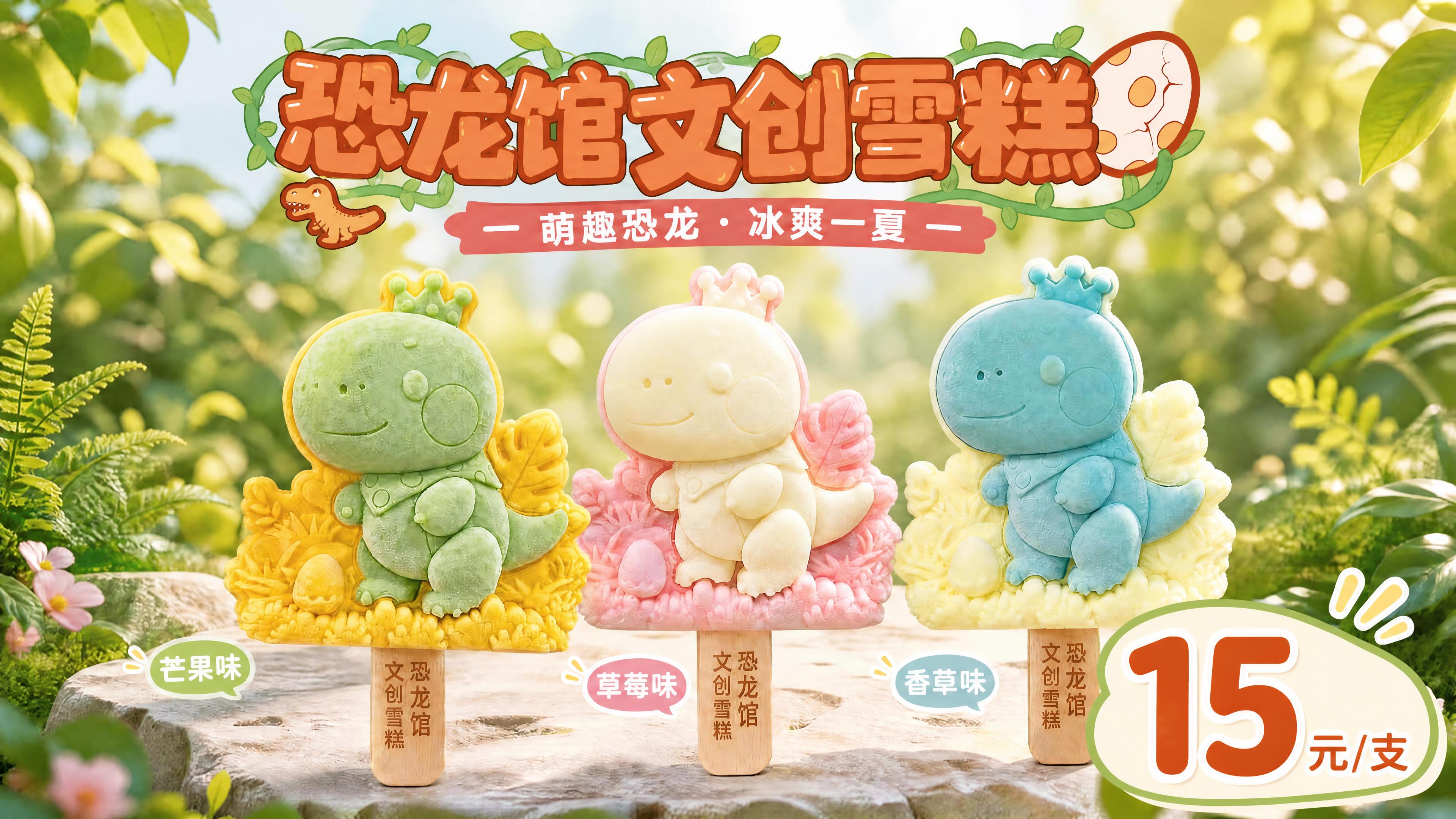 基于这张恐龙馆文创雪糕海报，将右下角的价格“15元/支”放大，… - 图片创意预览