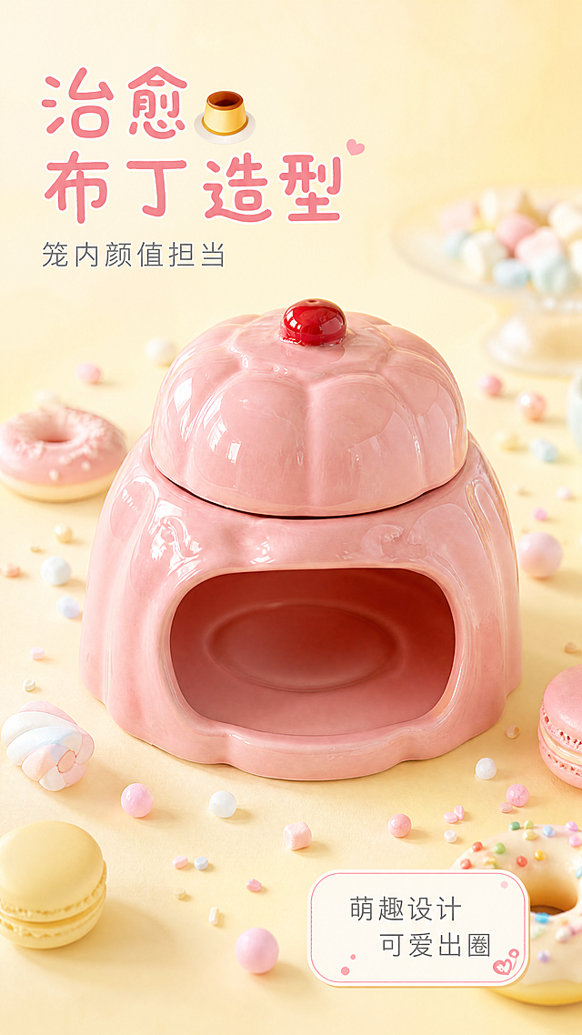 [第2屏] 核心卖点展示之治愈布丁造型卖点。本屏使用【图1】作为商品主体。
[氛围/风格] 童话甜品风，马卡龙色系，清新软萌，商业摄影质感。
[元素布局] 主体粉色仓鼠布丁陶瓷窝放置在画面中央偏上位置，占据画面约65%主体。保持产品原有的布丁造型、樱桃装饰、陶瓷材质和粉色质感完全一致。背景为浅马卡龙黄色渐变，周围点缀迷你甜甜圈、棉花糖碎等甜品元素，突出布丁造型的可爱感，标题区在左上，卖点文字在右下，不遮挡产品主体。
[光影质感] 整体明亮柔和，左前方主光，陶瓷高光清透，投影柔和，突出造型立体感。
[配色色系] 全局底色：#FFF9E6（浅黄马卡龙）；主体粉色陶瓷窝，搭配浅色系甜品装饰，文字用深灰和粉色点缀。
[视角构图] 45度斜侧视角，主体居中，画面层次清晰，符合移动端从上到下阅读顺序。
[文字版式] 左上主标题"🍮治愈布丁造型"，圆润字体，粉色；副标题"笼内颜值担当"，浅灰色；右下卖点描述"萌趣设计 可爱出圈"浅灰色文字搭配圆角信息框，文字清晰不遮挡主体。
[比例分辨率] 9:16竖版比例，4K分辨率，文字清晰可辨。
[负向提示词] 产品变形，结构错误，颜色偏差，文字错乱，水印，背景杂乱