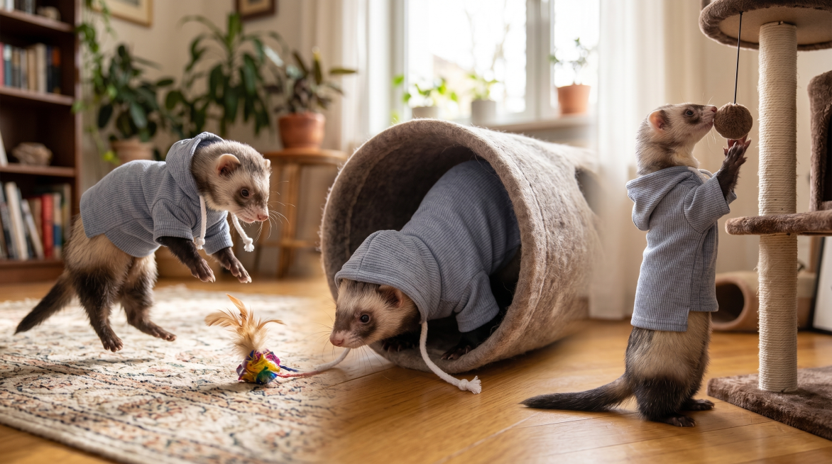 保留原图灰色连帽雪貂衣服的主体特征，展示日常生活中雪貂穿着这件衣服开心玩耍的不同场景，超清，细节丰富，真实自然预览效果