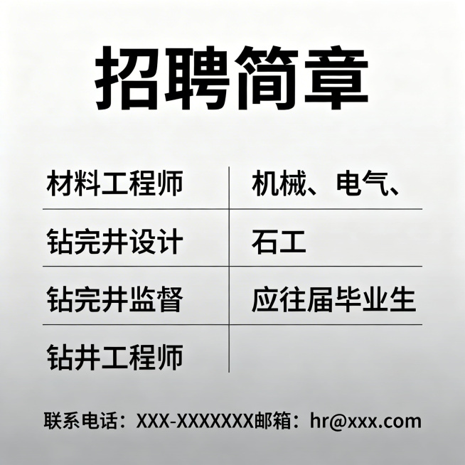 招聘简章海报，包含岗位：材料工程师，钻完井设计，钻完井监督，钻井工程师，机械、电气、石工应往届毕业生，简约专业风格，清晰展示岗位信息预览效果