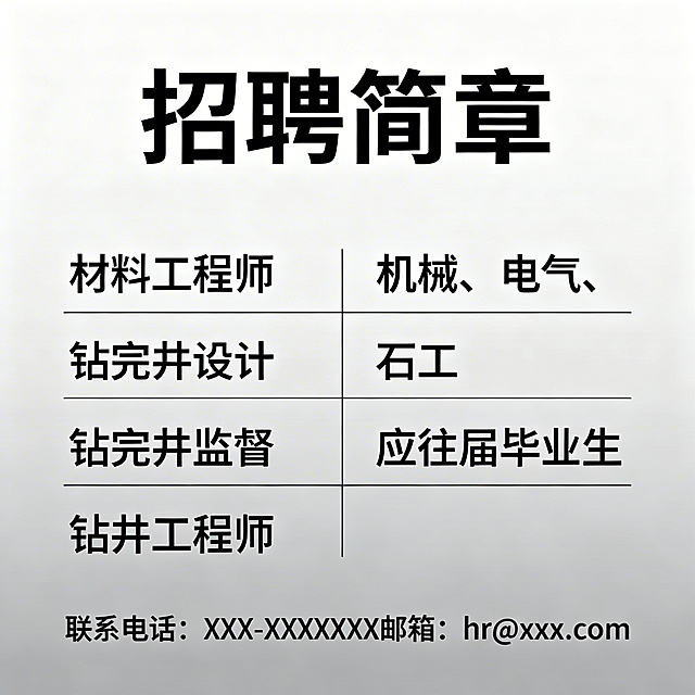 招聘简章海报，包含岗位：材料工程师，钻完井设计，钻完井监督，钻井工程师，机械、电气、石工应往届毕业生，简约专业风格，清晰展示岗位信息
