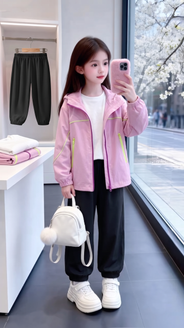 用图1的白色短袖和连帽外套以及黑色的冰丝防蚊裤替换图的2的人物穿的衣服裤子和旁边桌子上折叠的衣服以及后方衣架上挂着的衣服，保留原场景光影，保持图2的人物的五官和发饰不变，模特姿势不变，拍摄角度不变，预览效果