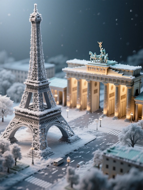 左侧是覆盖薄霜、冷峻的埃菲尔铁塔微观模型，右侧是泛金属暖光的勃兰登堡门微观模型，镜头从左平缓横移展现温差对比预览效果