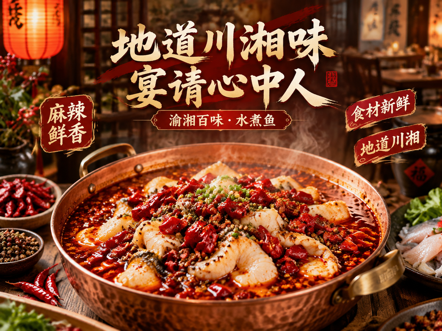 餐饮美食商业海报，画面主体是一大盆水煮鱼，铜锅盛装，红油汤底铺… - 图片创意预览