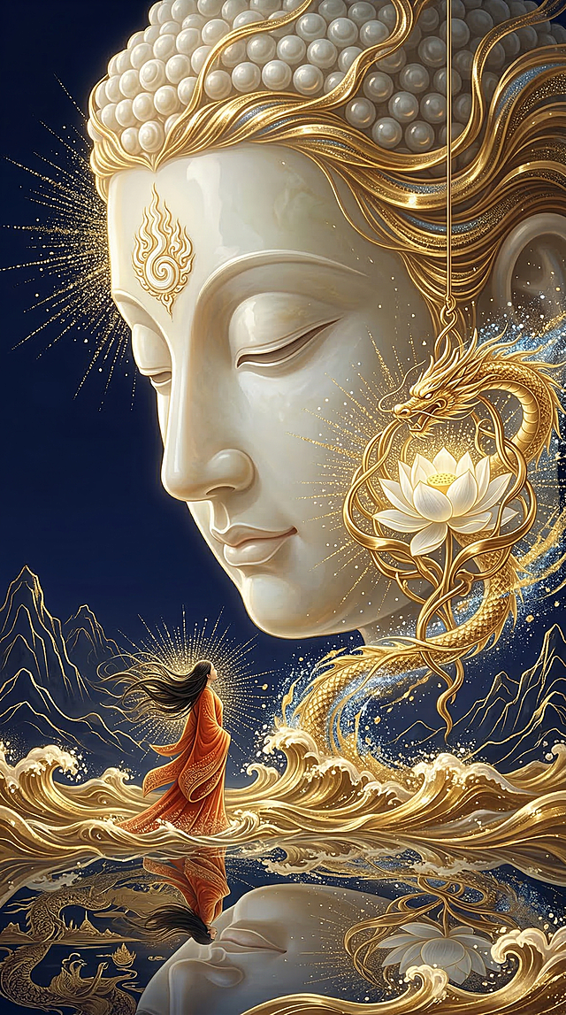 基于参考图片重新生成，神话史诗风格，宏大庄严，巨大的白玉色佛首侧脸，额间白毫相光为鎏金火焰纹，发丝如鎏金流动光带；下方橙红僧衣女子为朝圣者形象，长发飞扬，仰望佛首；右侧悬浮鎏金包裹的白莲花，光带如鎏金巨龙缠绕，点缀鎏金与白色爆炸式粒子；背景是深邃靛蓝夜空，鎏金轮廓远山，水面泛着鎏金巨浪，倒影如史诗画卷；光影强烈对比，佛首与莲花散发神圣金光，粒子如星爆般璀璨，氛围庄严神圣，史诗感拉满，数字艺术，鎏金特效，无赛博元素，保持9:16竖屏构图。