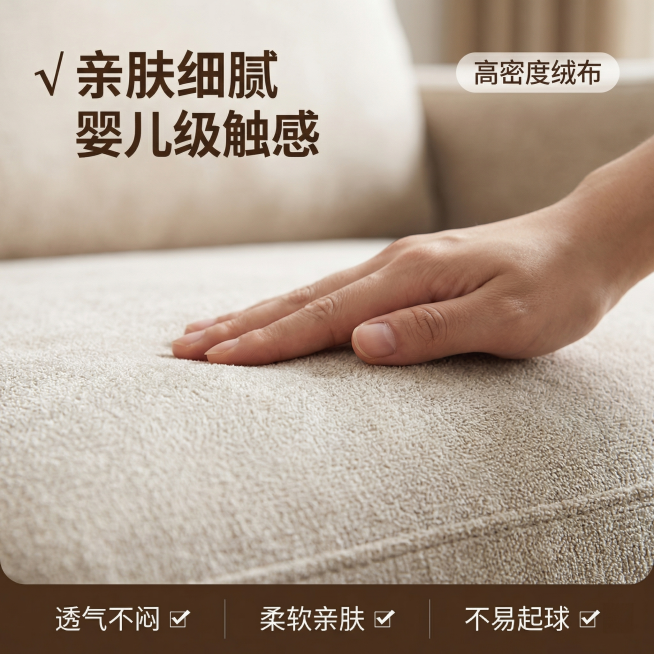 [主图 3] 亲肤面料材质细节展示
[氛围风格] 温馨舒适家居治愈风，光影与套图保持一致
[画面元素] 商业摄影质感、光线柔和通透、产品清晰真实、画面干净高级。画面全屏放大展示绒布沙发面料纹理，加入手预览效果