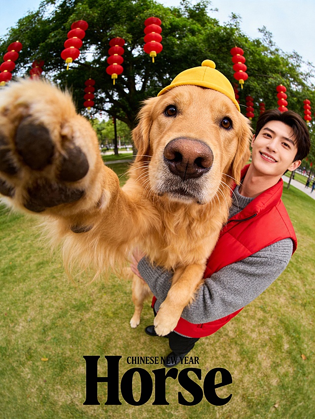 画面底部正中央排版着黑色的粗体小写英文单词“Horse”，字体风格复古且具有设计感，其上方紧随极其微小的无衬线英文“CHINESE NEW YEAR”。画面采用极具冲击力的超广角鱼眼镜头“自拍”视角。前景占据视觉主导的是一只巨大的狗头特写（狗为图1的金毛），它的一只毛茸茸的前爪夸张地伸向镜头边缘，呈现出强烈的透视变形感。金毛双眼圆睁，瞳孔呈清澈状，直视镜头，面部毛发丝丝分明，胡须挺翘，带着黄色小帽子，展现出极度逼真的宠物摄影质感，像以狗狗自拍角度进行拍摄。背景中清晰可见一位男性（图2的人），身穿一件灰色毛衣，外搭红色马甲，他正抱着金毛的脖子，抬头对着镜头，面部表情微笑，与前景淡定的真猫形成极具幽默感的互动反差。背景环境在公园草地上，身后是挂着红灯笼的绿树。整体光影为自然日光，色彩鲜艳，兼具时尚杂志大片与趣味网络迷因（Meme）的视觉风格，8K超高清画质，极致的清晰。