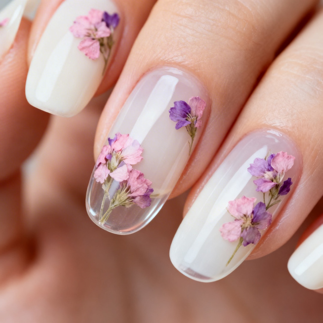 温柔清新碎花干花美甲细节图，特写展示多个指甲局部，美甲底色为通透奶白色，指甲侧面点缀粉紫色干花碎花，每只指甲仅1-2簇小花，留白轻盈，透明封层封存花朵，呈现高清质感和光泽立体感预览效果