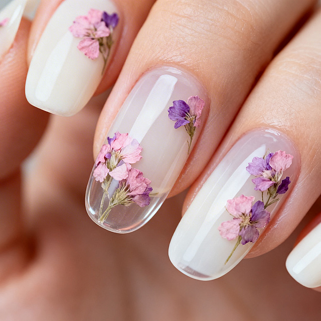 温柔清新碎花干花美甲细节图，特写展示多个指甲局部，美甲底色为通透奶白色，指甲侧面点缀粉紫色干花碎花，每只指甲仅1-2簇小花，留白轻盈，透明封层封存花朵，呈现高清质感和光泽立体感