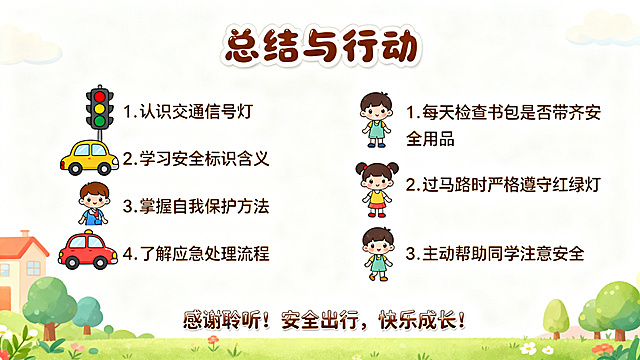 卡通风格PPT页面，主题是总结与行动，列出本次课程学到的4个知识点，然后列出3个行动小目标，底部有“感谢聆听！安全出行，快乐成长！”的文字，整体风格温馨活泼，配有可爱的卡通汽车和小朋友的插图，色彩明亮，字体圆润，适合10-11岁小朋友