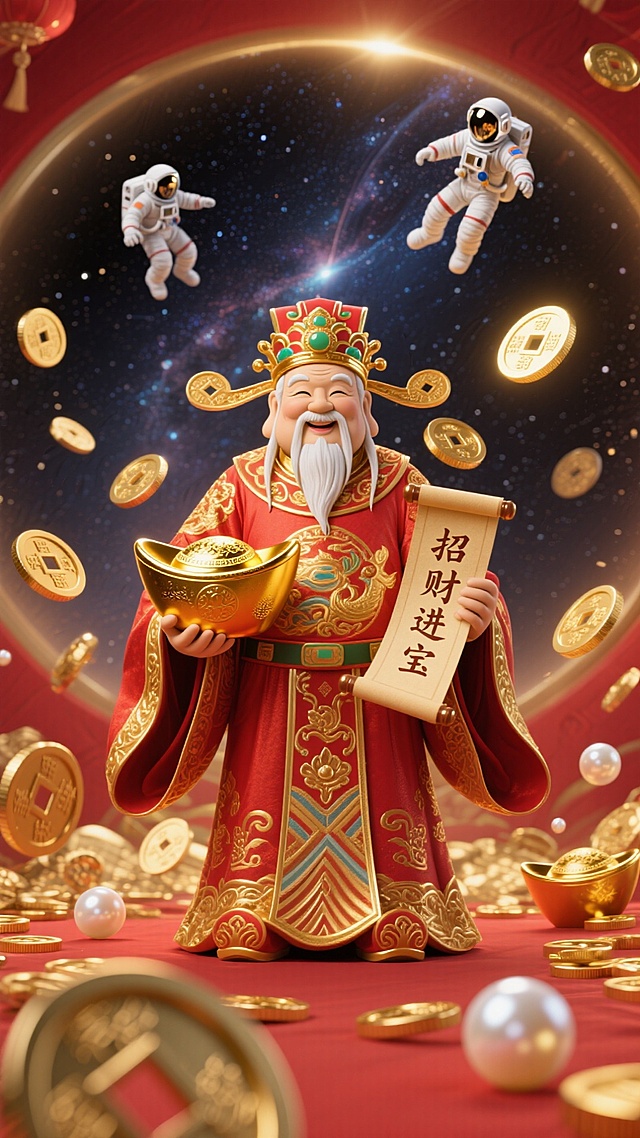 国潮风3D重拟物设计，融合中式财神与太空宇航员，鎏金金属质感，虚拟现实场景，喜庆科技感十足，寓意招财进宝。