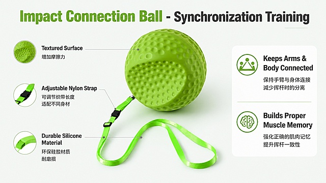 [第3屏] Impact Connection Ball 结构解析。本屏使用【图1】展示挥杆连接球产品。
[氛围/风格] 清晰专业产品解析风，真实材质呈现，简约干净。
[元素布局] 产品主体位于画面中心偏左上，占比约60%，三条引线分别标注关键部位：textured surface（增加摩擦力）、adjustable nylon strap（可调节织带长度适配不同身材）、durable silicone material（环保硅胶材质耐磨损）；右侧区域文字说明训练原理：Keeps Arms & Body Connected，Builds Proper Muscle Memory。产品结构、颜色、材质与输入图片完全一致。
[光影质感] 中心柔光照明，产品纹理清晰，自然投影，层次分明。
[配色色系] 全局底色 #F0F4F0；主色果绿产品色；辅助色深灰引线文字、白色背景块。
[视角构图] 横版，产品45度斜侧放置，信息区在右侧，清晰易读。
[文字版式] 顶部主标题 Impact Connection Ball - Synchronization Training，引线标注每个部位名称和作用，文字清晰，不遮挡产品主体。
[比例分辨率] 97:30 横版宽图，4K分辨率，文字清晰可辨，高清画质。
[负向提示词] 产品变形，颜色偏差，缺件错件，结构错误，文字错乱，文字过小，水印，出现价格或导流信息。