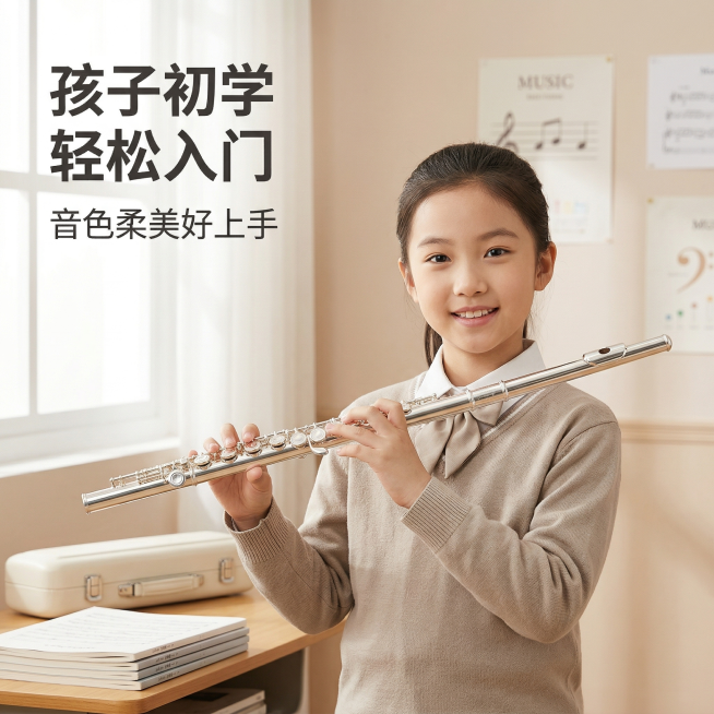 美特斯曼长笛儿童初学场景主图，保持长笛外观和原图一致，一位10岁左右亚洲小学女生自然手持长笛展示，长笛为视觉中心，背景是干净明亮的音乐教室角落，窗外自然光柔和射入，氛围温馨舒适，左上角悬浮文案“孩子初预览效果
