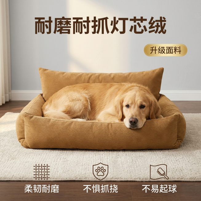 [垫图] https://5，一只金毛犬安静趴在狗窝里，狗窝放在客厅浅色地毯上，背景是浅灰色墙面和胡桃木地板，暖黄色自然光，营造温馨治愈的家居氛围。狗窝保持和原图一致的焦糖色灯芯绒外观。主色调焦糖色狗预览效果