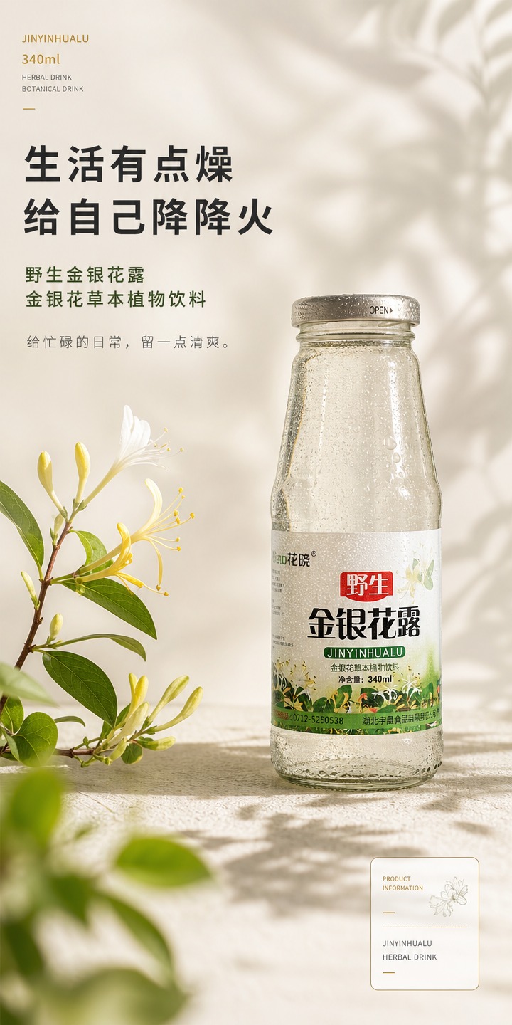 [商品] 使用【图1】野生金银花露玻璃瓶产品图；严格保留：透明… - 图片创意预览