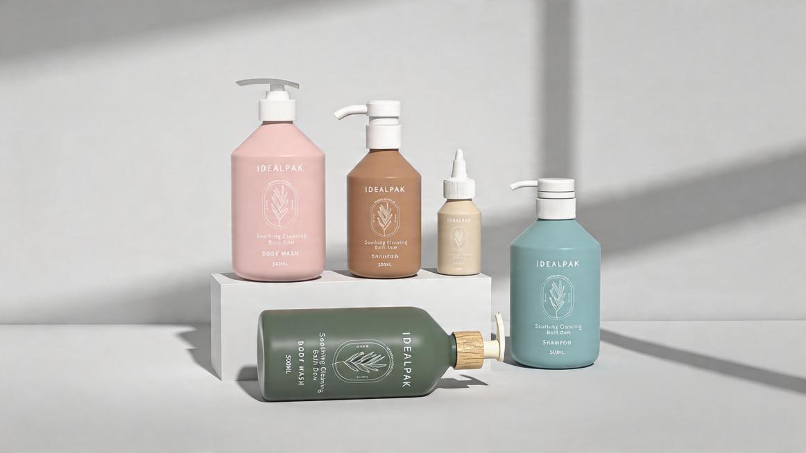 将图片向左右两侧扩展，制作成横版海报，保持原有洗护产品陈列风格和浅灰色背景，扩展部分延续原光影和背景风格预览效果