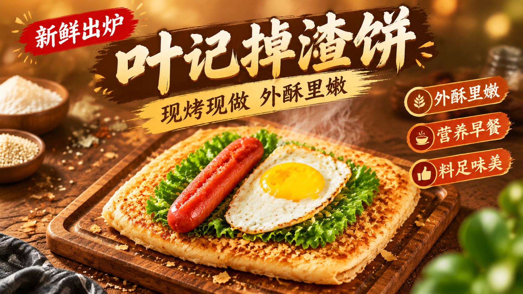 基于参考图的版式骨架和暖调食欲氛围，将主标题从"香酥烤饼"改为… - 图片创意预览