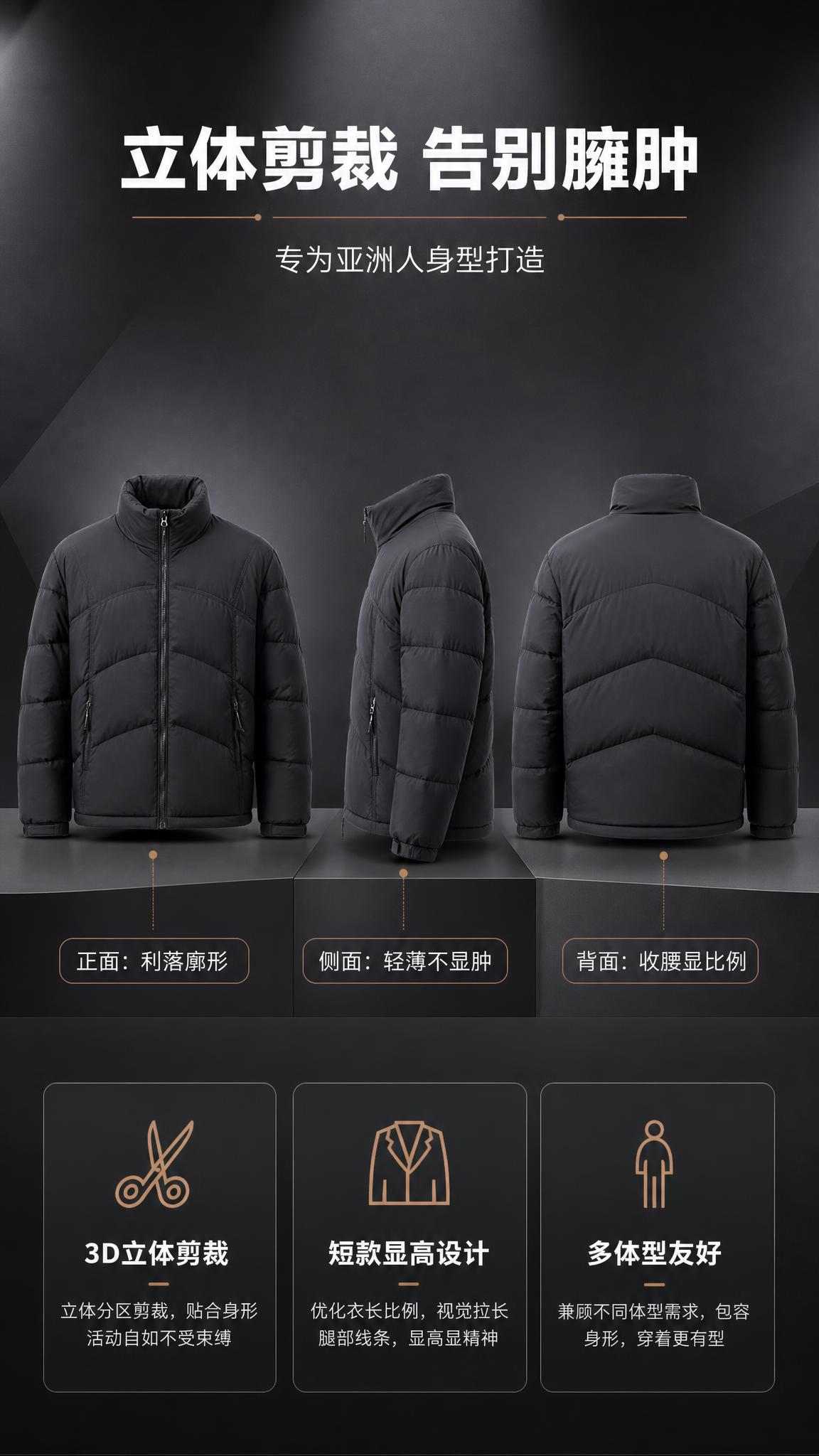 [商品] 使用【图1】男士黑色立领短款羽绒服；商品处理：保留立… - 图片创意预览