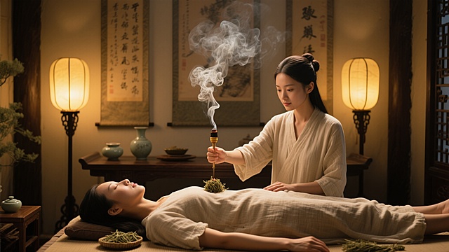 中式传统养生场景，柔和暖黄色调灯光，复古灯笼散发温馨光晕，背景悬挂古朴书法卷轴，案几摆放陶瓷茶具与艾草制品，一位身着素雅棉麻服饰的女子正手持艾灸器具为平躺的女性进行艾灸，艾草烟雾缭绕升腾，整体氛围宁静悠远、禅意十足，具有浓厚的东方养生美学与古典文化底蕴，画面构图层次分明，光影柔和细腻，展现传统艾灸疗法的静谧与疗愈感。