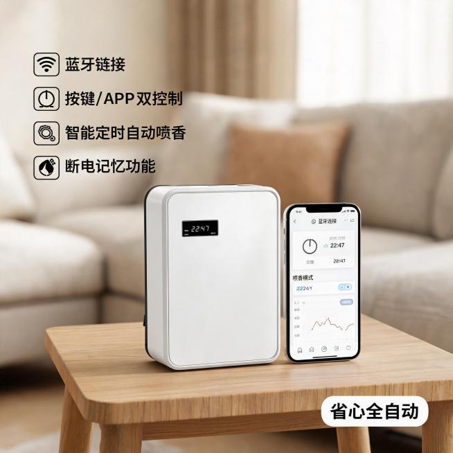 [主图-3] 智能控制功能卖点展示主图
[氛围风格] 商业家居治愈风，简约科技感
[画质] 商业摄影质感，光线柔和通透，产品清晰真实，画面干净高级
[元素] 白色智能蓝牙香氛机放置在客厅边几上，背景浅预览效果