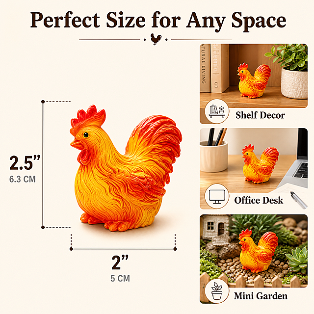 [主图-4] 桌面公鸡小摆件 Mini Rooster Figurine Desktop Decor 尺寸信息与多场景适配图。
[统一基调] 跨境亚马逊信息图风格，浅米白色背景，温馨简约风，自然柔和光线，英文标题字色深棕色，尺寸标注线用细深棕色线条，图标简约线性。
[画面] 画面左侧主体为橙黄色公鸡小摆件正面视角，旁边有清晰的尺寸标注线，标注高度约2.5英寸/6.3厘米，宽度约2英寸/5厘米，尺寸数字用大号字体醒目展示，单位同时标注Inch和CM。画面右侧有三个小方形场景缩略图上下排列，分别展示摆件在不同空间的摆放效果：1) 书架层架摆放 配图标"Shelf Decor"；2) 办公桌桌面摆放 配图标"Office Desk"；3) 花园微景观摆放 配图标"Mini Garden"。每个缩略图下方有对应英文场景标签。
[光影质感] 柔和棚拍光线，均匀明亮，产品立体感强，树脂材质质感清晰，阴影浅淡，整体干净清爽。
[配色] 浅米白色主背景，深棕色文字和标注线，浅灰色辅助文字，缩略图场景保持暖色调，整体和谐统一。
[文字版式] 顶部大标题"Perfect Size for Any Space"，左侧产品旁标注尺寸，右侧三个场景缩略图竖向排列，文字全部为英文，清晰可读，不遮挡产品主体。
[输出要求] 1:1正方形比例，尺寸标注清晰，产品不变形，文字锐利，禁止水印、平台Logo、错字，禁止出现人物。