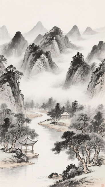 中国传统水墨山水画，以浓淡不一的墨色描绘变换布局的层叠山峦，山间云雾缭绕营造空灵意境，近处溪流蜿蜒，岸边点缀古朴亭台与苍劲树木，远山以淡墨晕染形成深远空间感，整体构图疏密有致，笔触兼具勾勒与皴擦的细腻质感，留白恰到好处，展现清幽淡雅、宁静致远的东方美学氛围，画面中群山巍峨，云雾缥缈，近处树木葱茏，亭台古朴，水面平静，意境悠远。预览效果