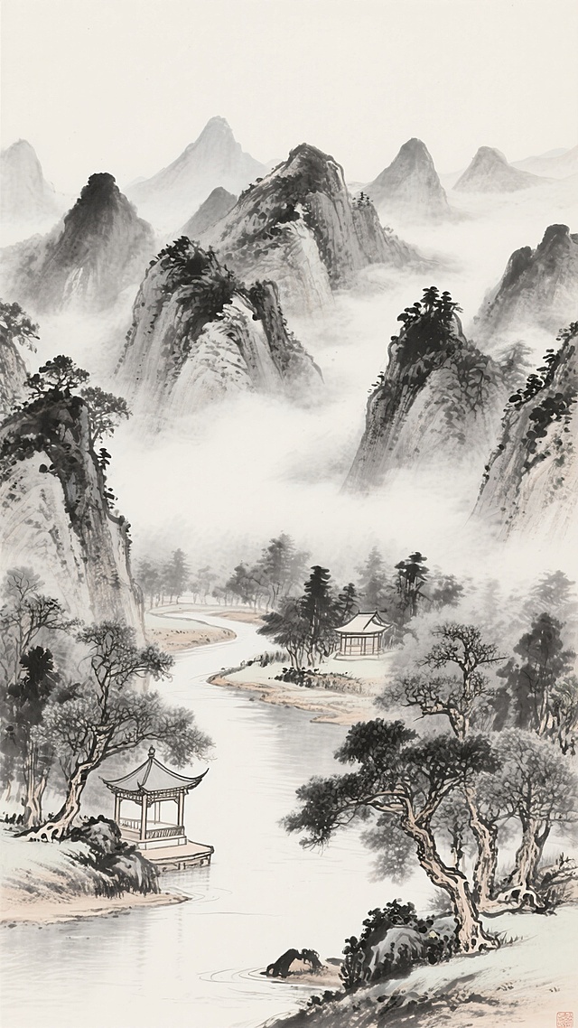 中国传统水墨山水画，以浓淡不一的墨色描绘变换布局的层叠山峦，山间云雾缭绕营造空灵意境，近处溪流蜿蜒，岸边点缀古朴亭台与苍劲树木，远山以淡墨晕染形成深远空间感，整体构图疏密有致，笔触兼具勾勒与皴擦的细腻质感，留白恰到好处，展现清幽淡雅、宁静致远的东方美学氛围，画面中群山巍峨，云雾缥缈，近处树木葱茏，亭台古朴，水面平静，意境悠远。